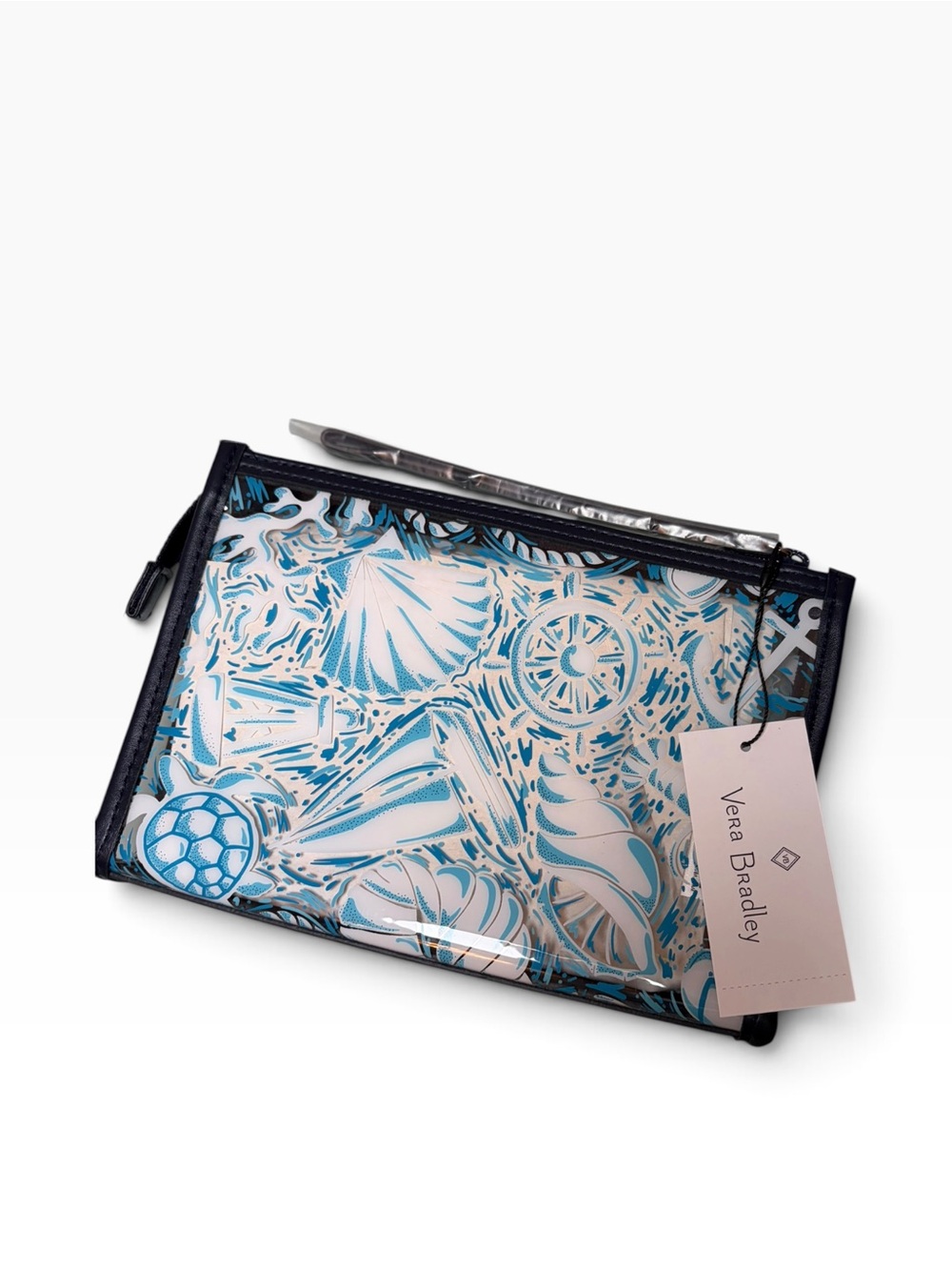 Vera Bradley Shore Enough Blue & White Shell Print Clear Cosmetic Pouch Wristlet
